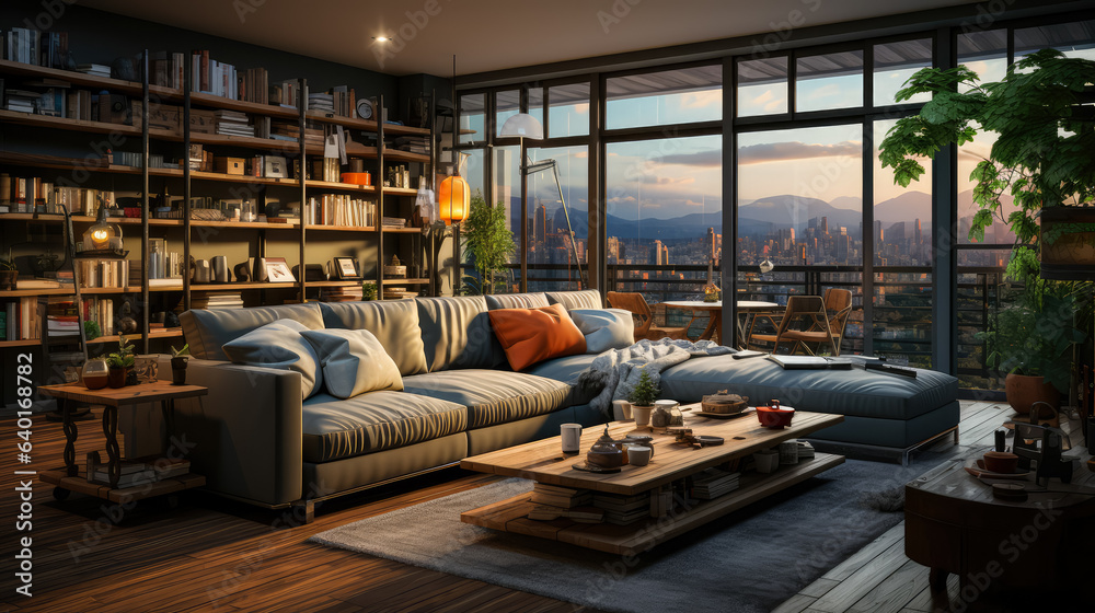 Modern Urban Living background: Small Apartment Room with a Cityscape View, lifestyle concept Modern Urban Living background: Small Apartment Room with a Cityscape View, lifestyle concept