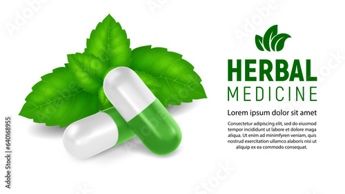 Green white medical capsule pills and medicinal plant leaves. Background on herbal medicine or homeopathy theme with 3d realistic capsules. Phytotherapy concept. Vector illustration