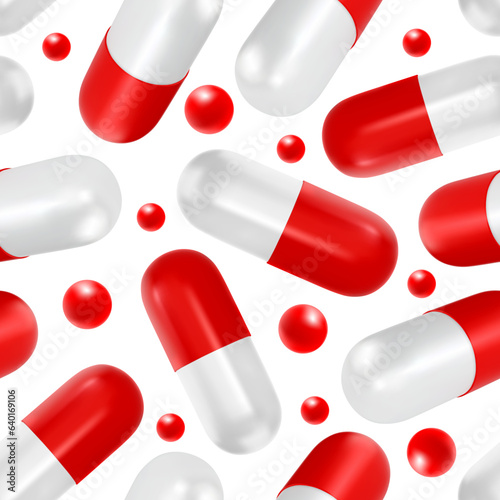 Seamless pattern with red white medical capsule pills. Background on pharmaceutical theme with 3d realistic capsules, front and perspective view. Vector illustration