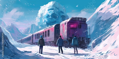 Two hikers walking through a train wrecked in snow mountain, digital art style, illustration painting