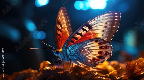 Macro photography, Butterfly in the grass on a meadow at night in the shining moonlight on nature in blue tones. Dreamy vibe image tones. © Twinny B Studio
