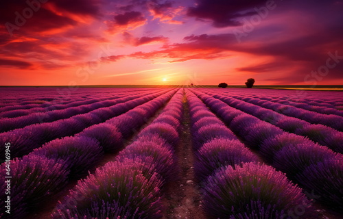 Lavender Field at Sunset with Red and Orange Sky - AI Generated