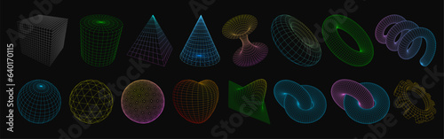 Collection of wireframe lowpoly 3d geometric shapes, Platonic solids. Surreal linear figures. Retro futuristic, cyberpunk, psychedelic style design elements set. Perspective view. Vector illustration