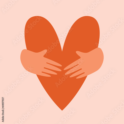 Hands hugging big red heart. Cute cartoon clip art in flat modern style. Hand drawn modern vector illustration. Kindness, support, self-care, volunteering, humanism concept.