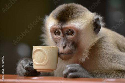 a monkey is relaxing drinking coffee