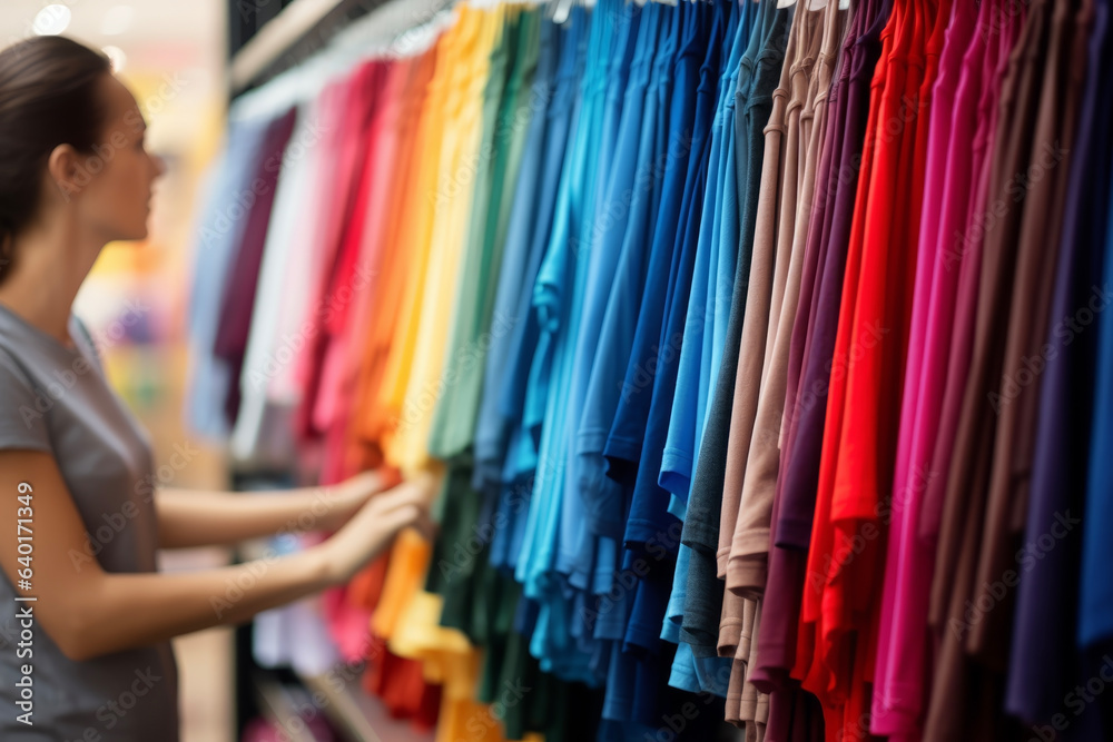 A shopping scene of a young woman choosing a colorful T-shirt from a store. Lifestyle concept for shopping and holidays.