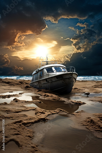 Boat sitting on top of sandy beach under cloudy sky.