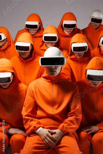 Group of people wearing orange outfits and white headphones.