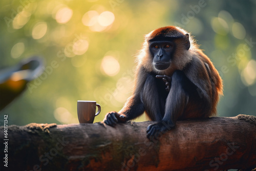 a monkey on a tree branch drinking coffee