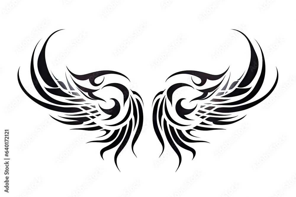 Obraz premium Heavenly soar. Black angelic winged on white background isolated. Eagle flight. Emblem of power and majesty. Skyward bound. Symbolic feathers in art