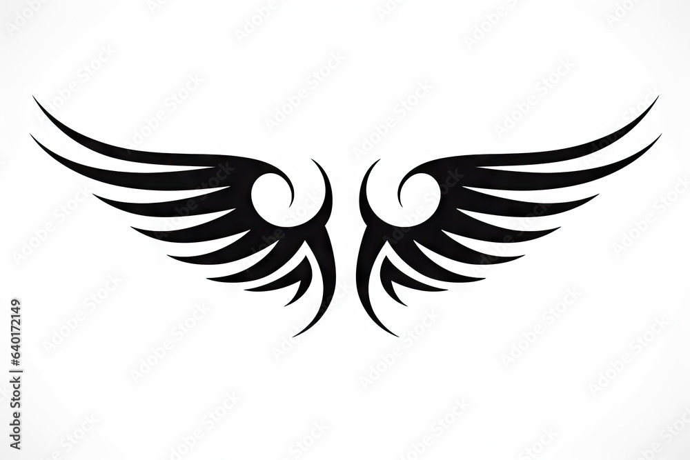 Fototapeta premium Heavenly soar. Black angelic winged on white background isolated. Eagle flight. Emblem of power and majesty. Skyward bound. Symbolic feathers in art