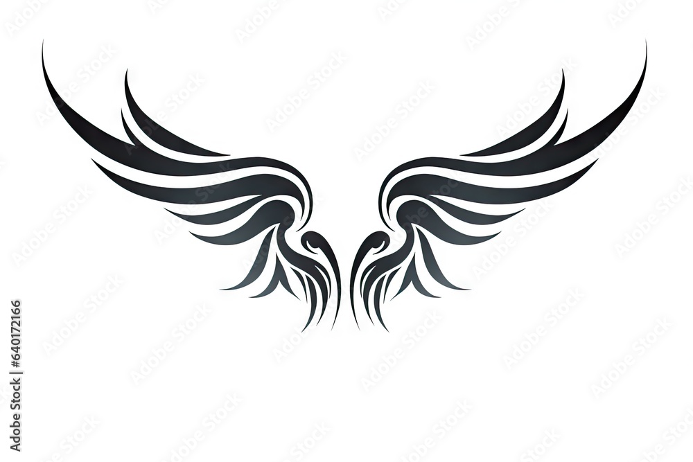 Obraz premium Heavenly soar. Black angelic winged on white background isolated. Eagle flight. Emblem of power and majesty. Skyward bound. Symbolic feathers in art