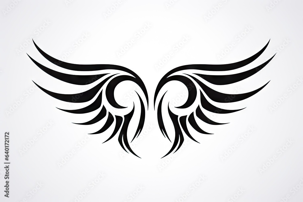 Obraz premium Heavenly soar. Black angelic winged on white background isolated. Eagle flight. Emblem of power and majesty. Skyward bound. Symbolic feathers in art