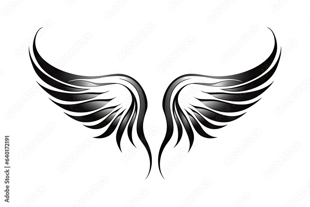 Heavenly soar. Black angelic winged on white background isolated. Eagle flight. Emblem of power and majesty. Skyward bound. Symbolic feathers in art Heavenly soar. Black angelic winged on white background isolated. Eagle flight. Emblem of power and majesty. Skyward bound. Symbolic feathers in art