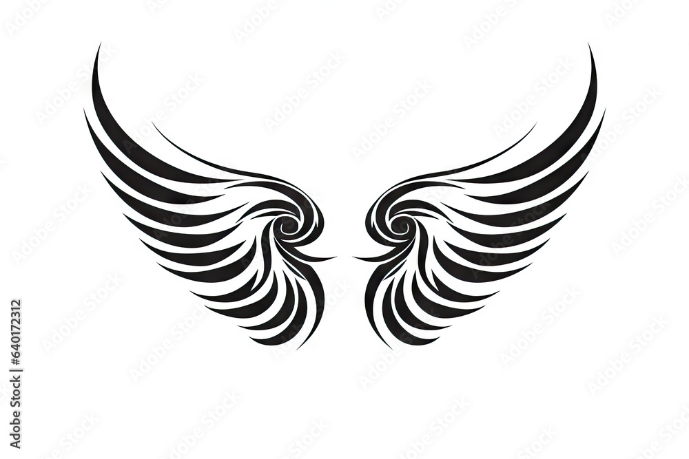 Heavenly soar. Black angelic winged on white background isolated. Eagle flight. Emblem of power and majesty. Skyward bound. Symbolic feathers in art Heavenly soar. Black angelic winged on white background isolated. Eagle flight. Emblem of power and majesty. Skyward bound. Symbolic feathers in art
