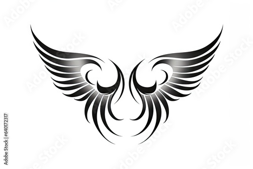 Heavenly soar. Black angelic winged on white background isolated. Eagle flight. Emblem of power and majesty. Skyward bound. Symbolic feathers in art © Bussakon