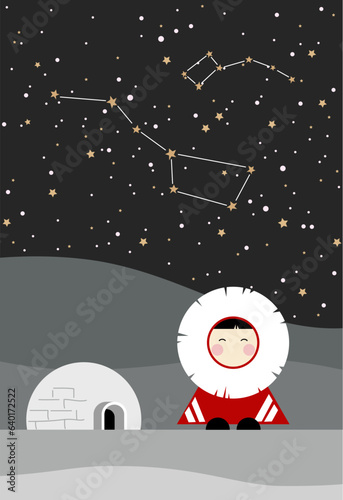 Illustration of the Eskimo, igloo on the night sky background