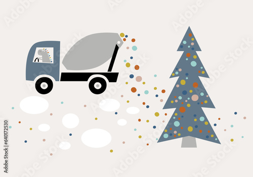 Illustration of the process of decoration Christmas tree by dinosaur on the concrete mixer