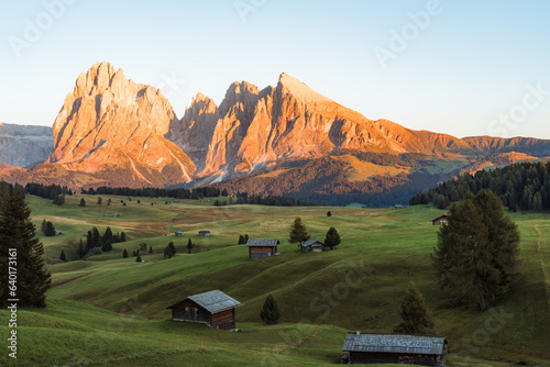 Stunning landscape view of Alpe di Siusi during sunset, Dolomites, Italy