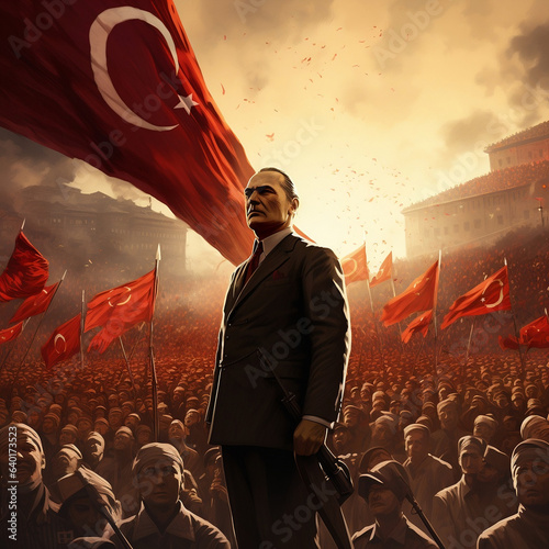 A leader stands tall, with crowds of fans holding the Turkish flag behind him celebrating Victory day of Turkey