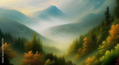 misty morning in the mountains - generative ai