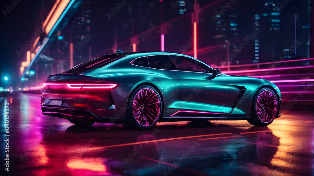 Futuristic Luxury Car On Neon Highway. Powerful acceleration of a premium car with colorful lights Futuristic Luxury Car On Neon Highway. Powerful acceleration of a premium car with colorful lights