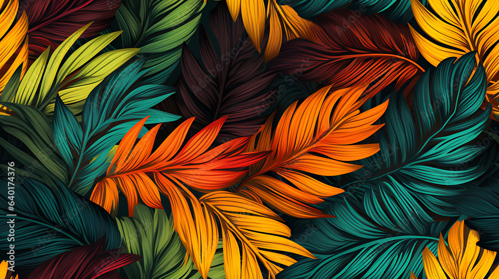 A lively and colorful stylish retro jungle pattern with painted leaves and blossoms - rain forest, Playful and charming - Seamless tile. Endless and repeat print. A lively and colorful stylish retro jungle pattern with painted leaves and blossoms - rain forest, Playful and charming - Seamless tile. Endless and repeat print.