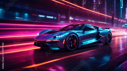 Futuristic Luxury Car On Neon Highway. Powerful acceleration of a premium car with colorful lights