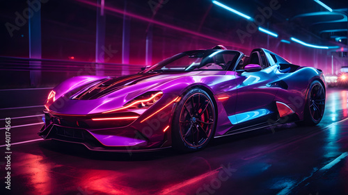 Futuristic Luxury Car On Neon Highway. Powerful acceleration of a premium car with colorful lights © Svitlana