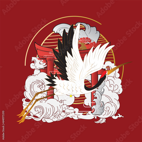 crane illustration design for sukajan is mean japan traditional cloth or t-shirt with digital hand drawn Embroidery Men T-shirts Summer Casual Short Sleeve Hip Hop T Shirt Streetwear
