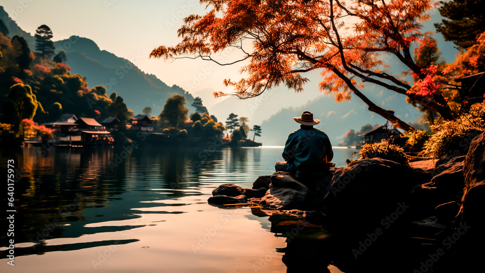 A solitaire old man sitting on a rock and looking at the lake in the morning. - obrazy, fototapety, plakaty 