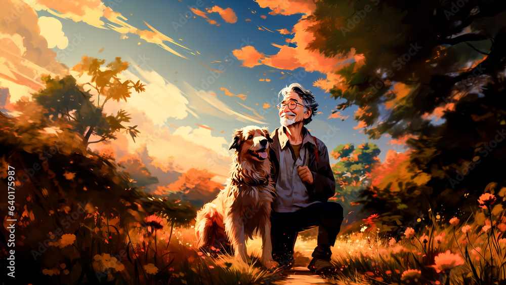 Illustration of a senior man with his dog in the meadow at sunset time.