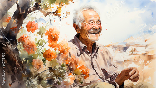 A senior Asian man sitting under a tree in the countryside. Abstract digital painting illustration.