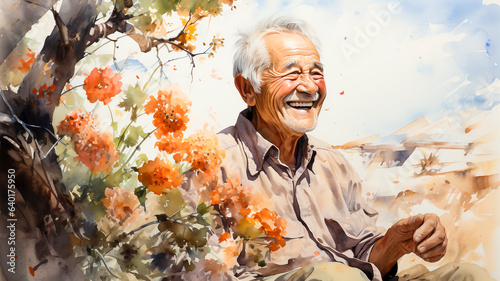 A senior Asian man sitting under a tree in the countryside. Abstract digital painting illustration. photo