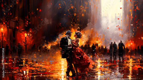 Romantic elderly couple dancing in the fire on the background of the city. Abstract digital painting illustration. photo