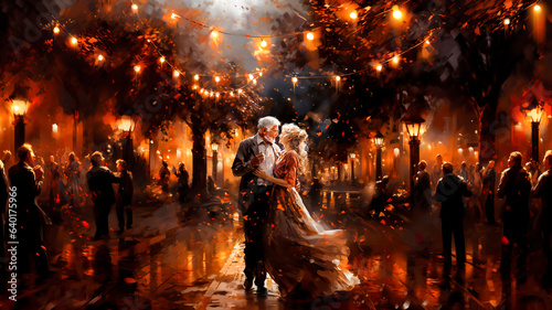 Romantic elderly couple in love dancing on the street with lights. Abstract digital painting illustration. photo
