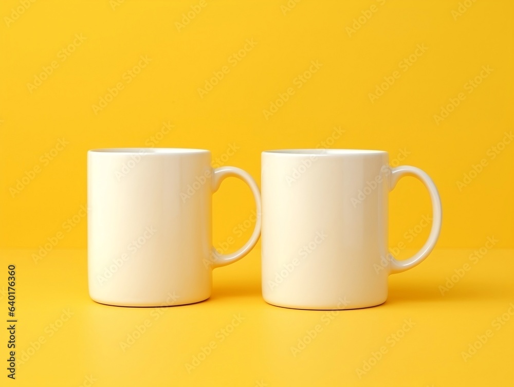 Two mugs mockup on yellow background generative ai Two mugs mockup on yellow background generative ai