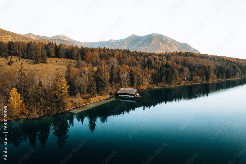 Aerial Photo of Lake Walchensee, behind Jochberg, Upper Bavaria, Germany Europe