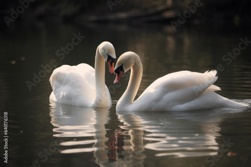 a pair of swans kissing