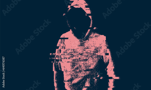Glitched silhouette, bitmap effect, error signal, technical problem. Hacked system or cyber attack. Vector illustration.