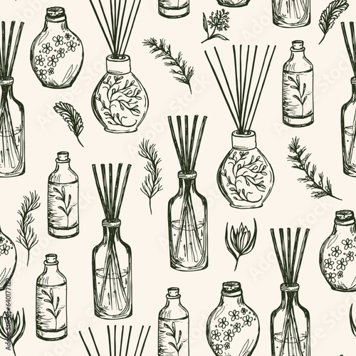 Home incense, Aromatherapy. Seamless Vector pattern. Green tape on beige color, background for packages.