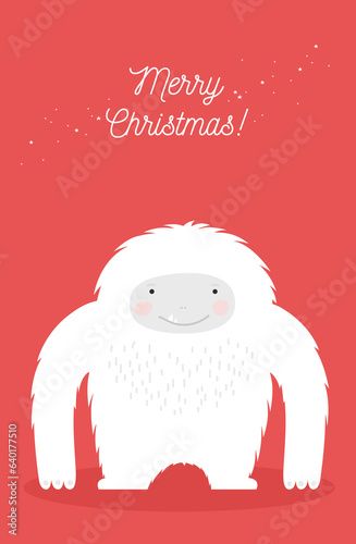 Christmas greeting card. Simple cartoon illustration of a Yeti
