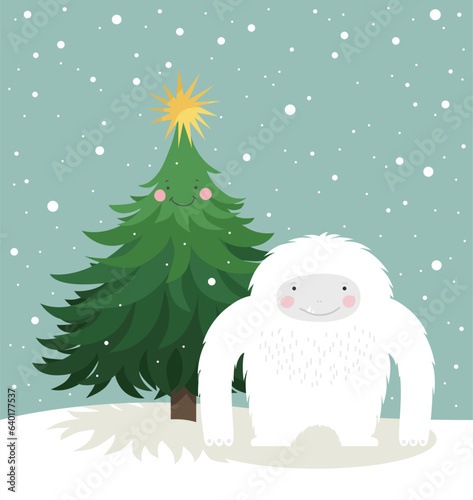 Simple cartoon illustration of the Yeti and the Christmas tree