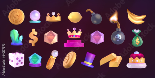 Casino icon collection. Cartoon set of slot game icons. Diamond, gemstones, dollars, fruits, dice and lucky symbols isolated on dark background. Gambling machine badge kit. Online vegas lottery asset.