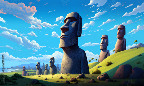 Obraz na płótnie Illustration of the beautiful view of the huge statues on Easter Island, Chile w salonie