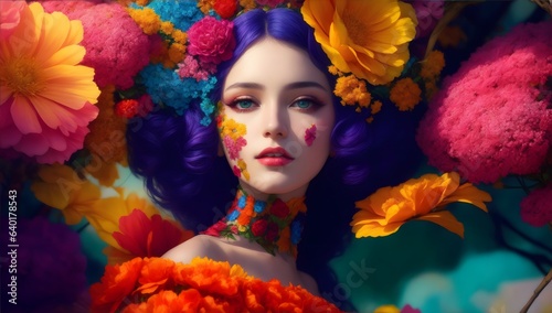 A beautiful woman is surrounded by colored flowers and in the style of fashion illustration.