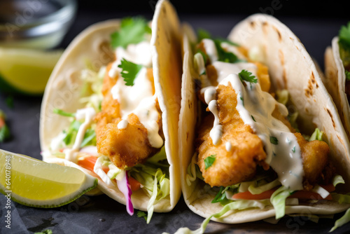 A mouthwatering close-up of delicious and authentic fish tacos topped with creamy sauce and served with lime wedges