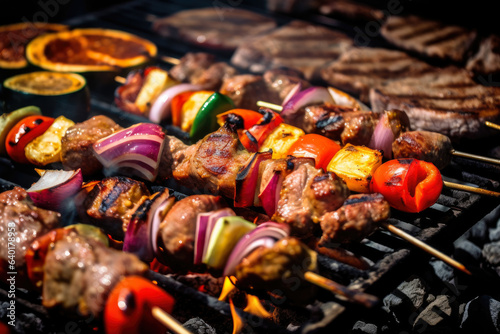 A mouthwatering close-up of kebab meat and vegetables grilling on a hot barbecue, tempting your taste buds with its deliciousness