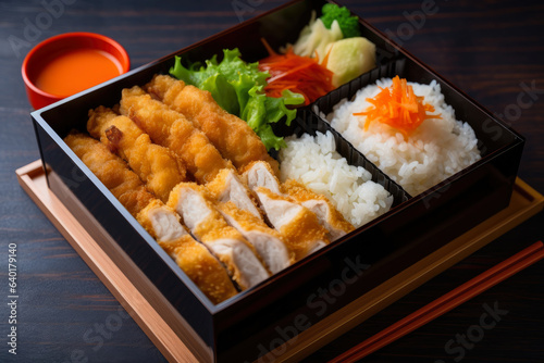 a mouthwatering chicken katsu bento box, complete with rice, pickled vegetables, and tamagoyaki, making it a delicious meal