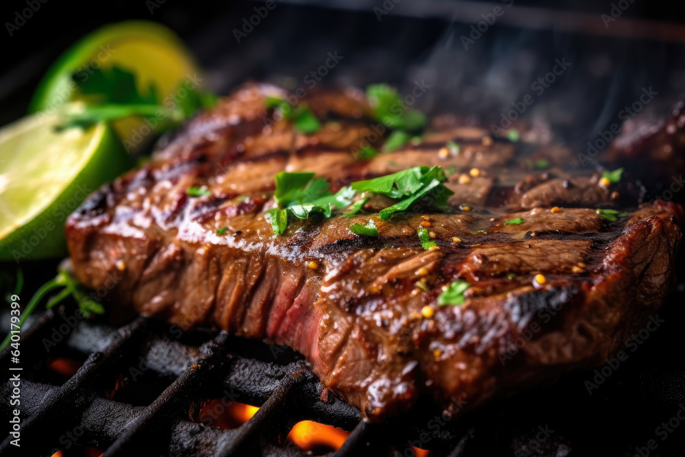 The sizzling Juicy Churrasco steak on the hot grill is beautifully garnished with fresh herbs and sliced limes, enticing your taste buds